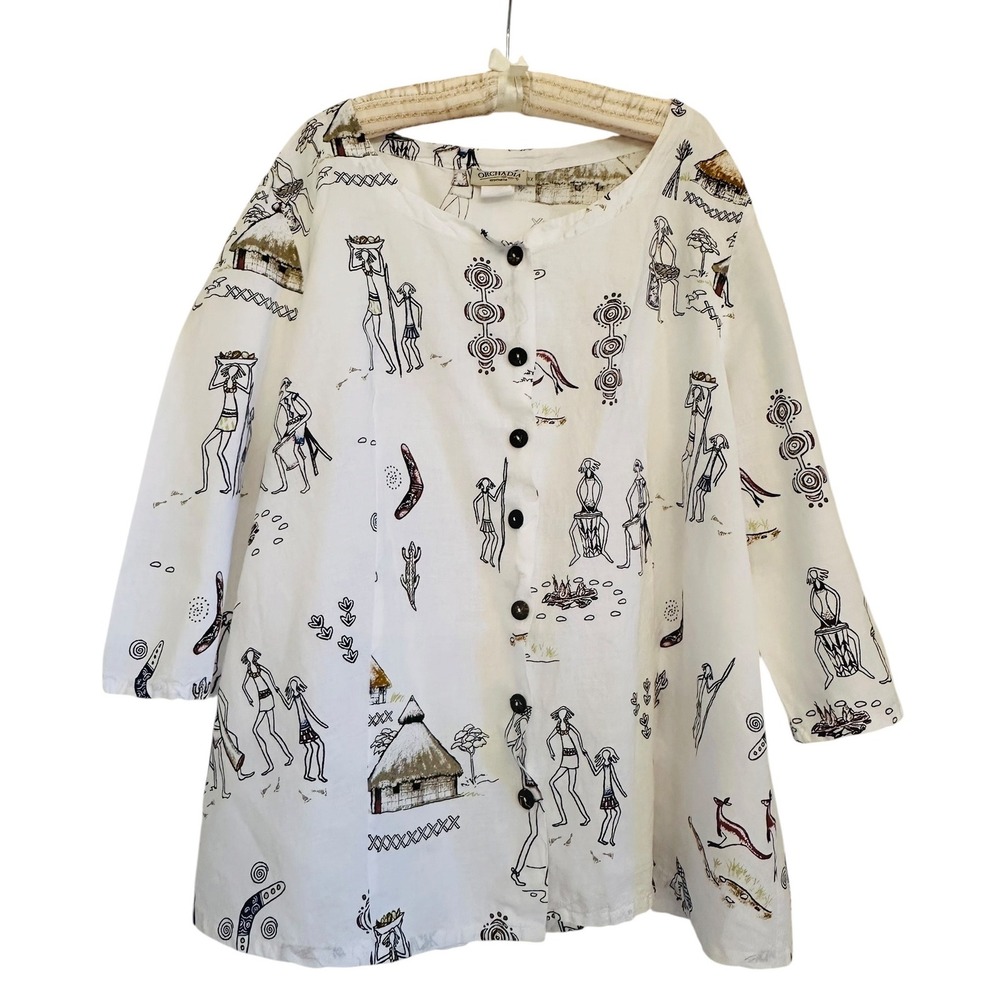 Orchadia Womens 3X Aboriginal Print Button Up Blouse Linen Blend Artsy  Folk Vtg